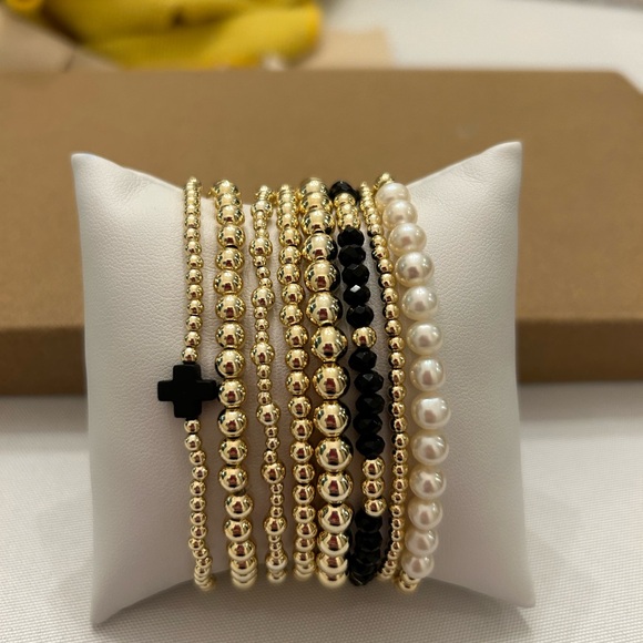 Stack 8 bracelets Holiday stretch black pearls gold handmade, any size, gemstone - Picture 8 of 8